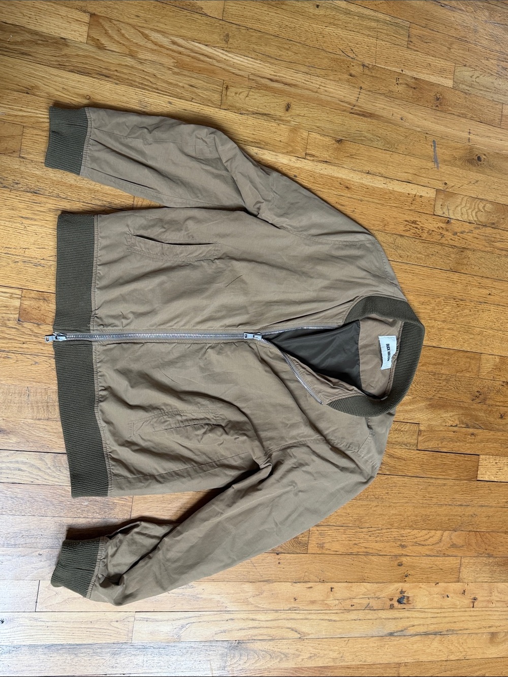 Buck Mason Taupe Bomber Jacket with Olive Ribbing